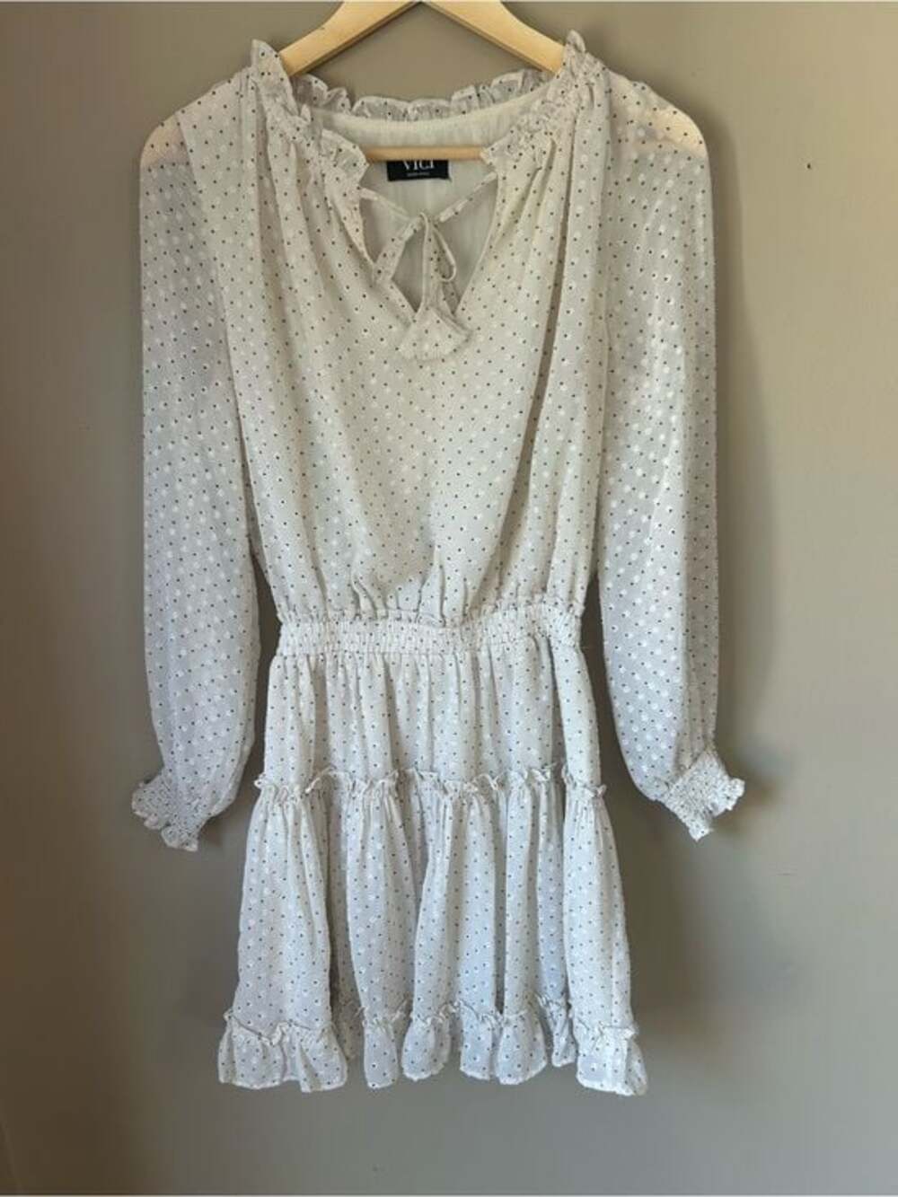 VICI White Swiss Dot Ruffle Mini Dress Long Sleeve Tie Neck Smocked Waist XS